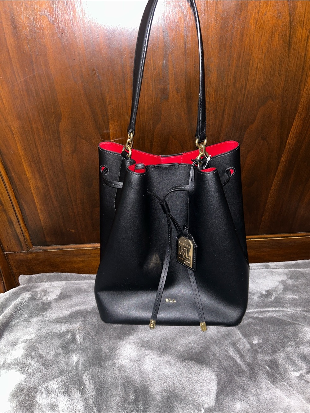 Ralph Lauren Black Leather Drawstring Tote with Gold Hardware